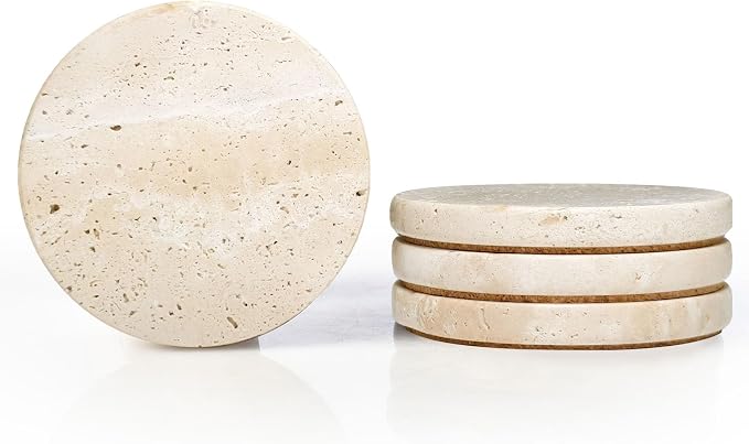 Turkish Natural Marble Coasters Set of 4, Round Travertine Coasters 4 inch, Beige Stone Drink Coaster for Home Decor, Coffee Table, Office