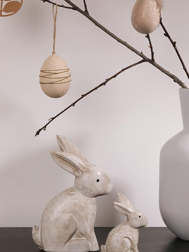 DN DECONATION Wooden Antique White 3D Bunny Rabbit Figurines for Spring Easter Decor Gift Set of 2