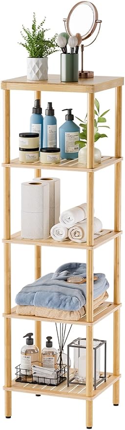 AmazerBath 5-Tier Bamboo Bathroom Shelf, Bathroom Standing Shelves, Multifunctional Shelving Unit for Living Room Bedroom Kitchen, Natural Color