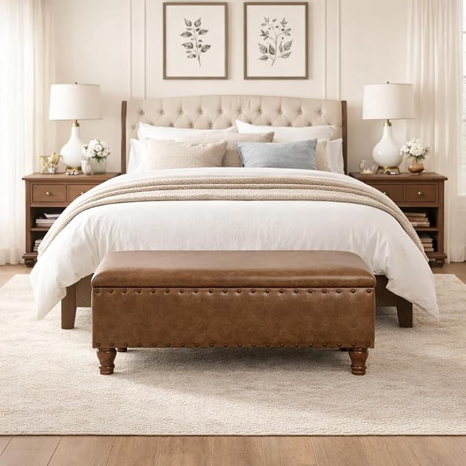 HomePop Large Storage Bench with Nailhead Trim - Distressed Brown Faux Leather
