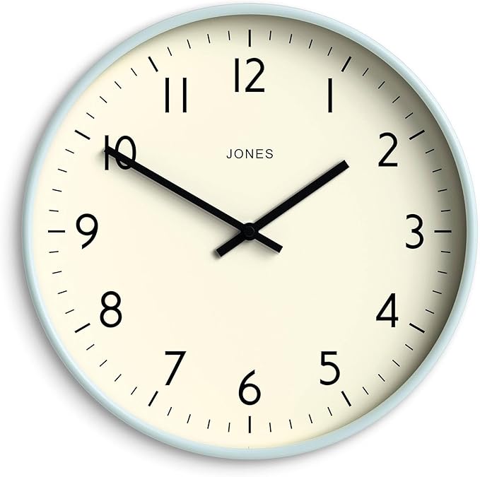 JONES CLOCKS® Studio wall Clock | Modern Round Style | 12 inch | Pale Blue | Easy to Read Numbers | Versatile Design for Kitchen, Living Room or Office