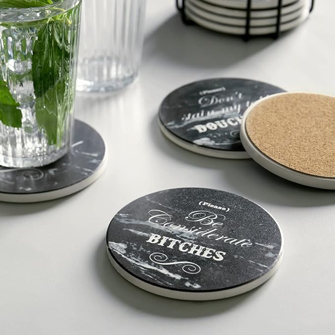 LIFVER White Elephant for Adults, Funny Coasters Set of 8 Black Marble Style Absorbent Drink Coasters with Cork Base, Ideal for Living Room Decor, Gag Gifts for Men
