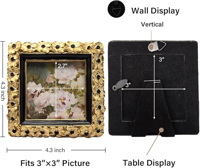 SYLVIA'S SHOP 3x3 Small Vintage Picture Frame, Mini Antique Gold Ornate Square Photo Frame, for Tabletop and Wall Display, Decorative Floral Design Retro Home Decor, Photo Gallery Art