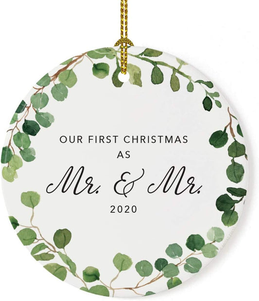 Andaz Press Custom Year Round Ceramic Porcelain Christmas Tree Ornament Keepsake Collectible Gift, Our First Christmas as Mr. & Mr. 2025, Farmhouse Eucalyptus Wreath, 1-PackGay Couple