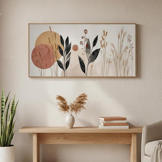 Sorbrozo Abstract Botanical Wall Art 24x48 Inch Framed Canvas Print with Geometric Circles and Leaves Modern Minimalist Decor for Living Room & Bedroom