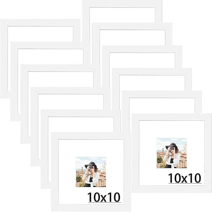 Picrit 10x10 Picture Frame Set of 12, Display 5x5 with Mat or 10x10 without Mat, Photo Frames for Wall Mounting Display, White