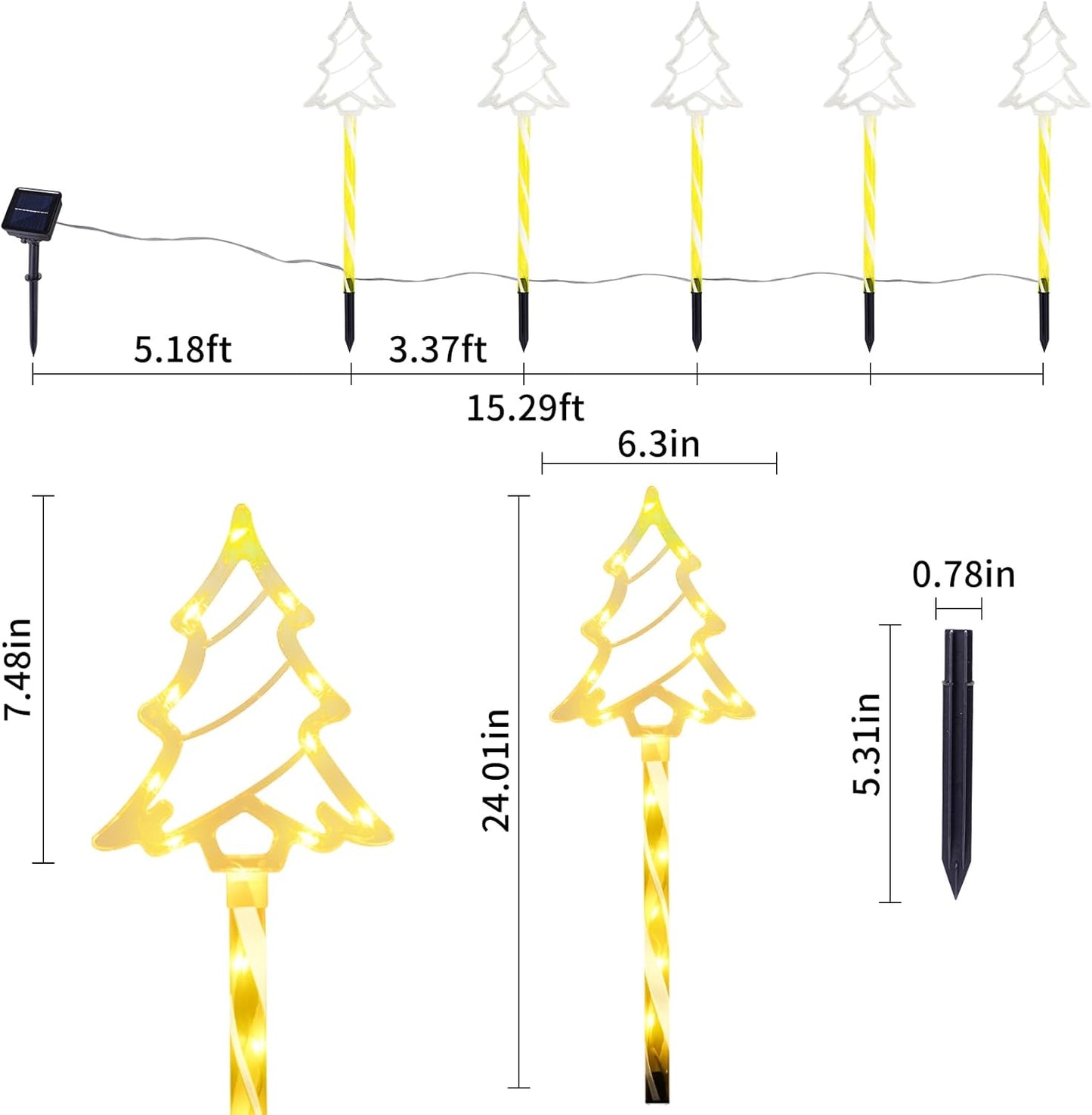 Christmas Solar Pathway Lights Outdoor Decorations, 8 Modes Xmas Tree Candy Lights Waterproof Led Garden Stake Light for Walkway Yard Lawn Porch Holiday Decor 5-Pack (Yellow Tube Tree, 5 Pack)