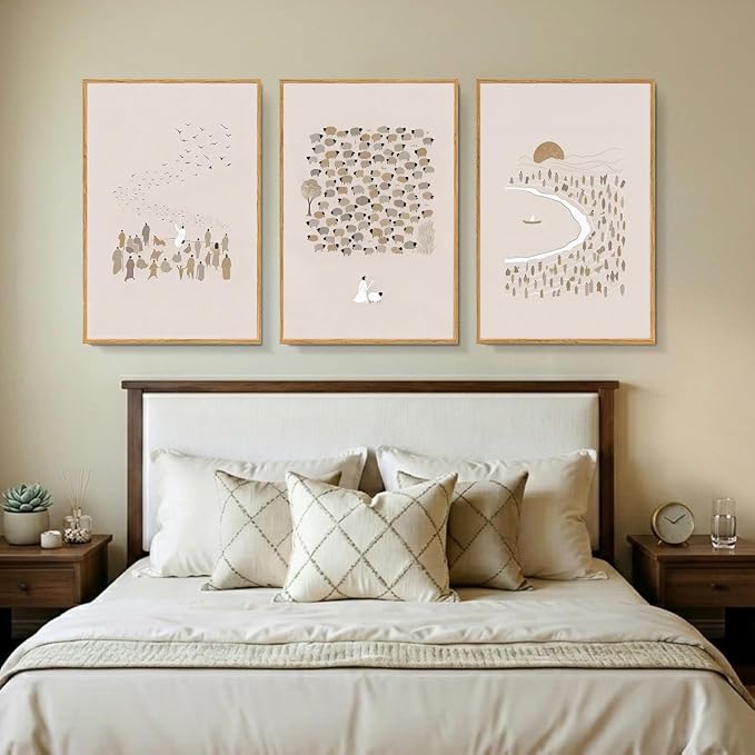 LAATOZ Large Christian Wall Art Framed Neutral Canvas Painting, Jesus Boho Artwork for Living Room Bedroom Office Hallway Stairs 24x36 Inch 3 Panels