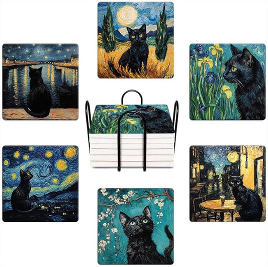 Drink Coasters for Drinks Set of 6, Art and Black Cat Absorbent Square Ceramic Stone Mat Coaster, with Cork Base and Metal Holder, Home Bar Decor House Warming Gift