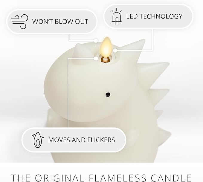 Luminara Flameless Dinosaur Figural Color Changing LED Candle, 5.7" x 6.7", Real Wax Moving Flame Battery Operated w/ 18 Button Remote, Unscented Safe