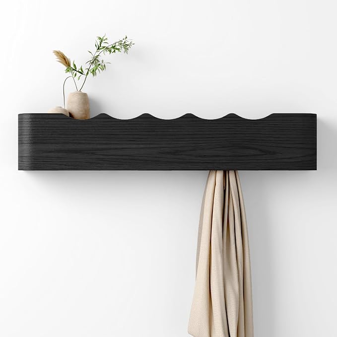 Coat Rack Wall Mount with Hidden Hooks, Wall Hooks with Shelf, Wall Key Holder Mount Wooden Shelf Entryway Hooks for Bedroom Bathroom for Hanging Coats Hats Bags Towels (Black Wave-Shape, 5 Hooks)
