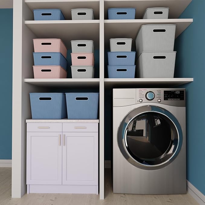 Glad Storage Baskets with Lids - Set of 6 Stackable Plastic Boxes with Handles - Decorative Shelf Organizer Bins for Bathroom and Closet, Grey, 1 Gallon