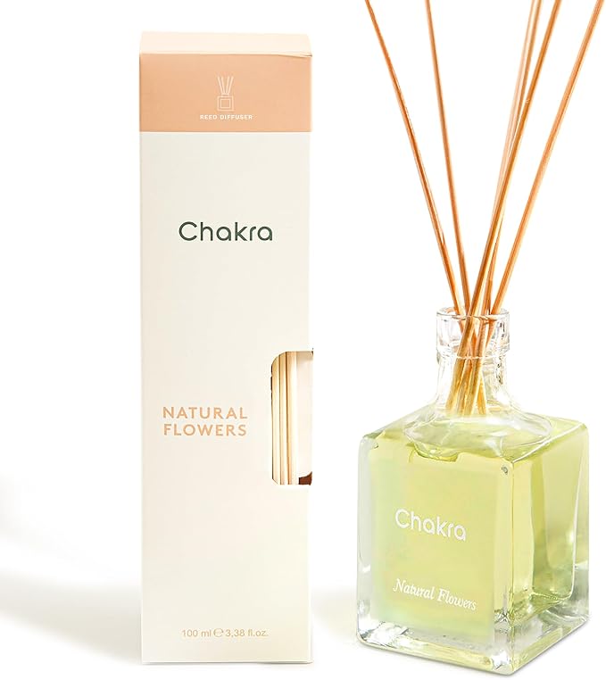Chakra Reed Diffuser Set - Reed Diffusers for Home, Office and Living Spaces with Long-Lasting Fragrance, Scent Diffuser with Decorative Glass Bottle & Bamboo Sticks, 3.3 fl oz, Natural Flowers