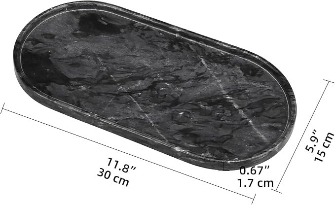 Oval Marble Bathroom Vanity Tray, Natural Luxury Marble Home Kitchen Bathroom Table Tray, Stone Decorative Countertop Tray for Coffee Perfume Jewelry (Dark Grey, 12" x 6" x 0.8")