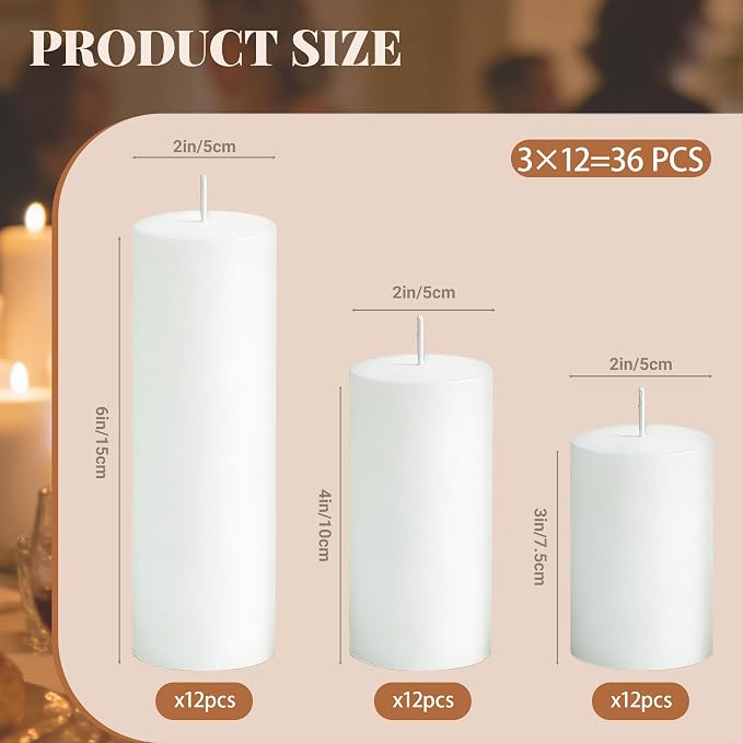 36 Pcs White Pillar Candles Bulk Set, 2x3” 2x4” 2x6” Paraffin Hurricane Candles, Unscented Dripless Smokeless, Long Burning for Party Wedding Events Home Decor