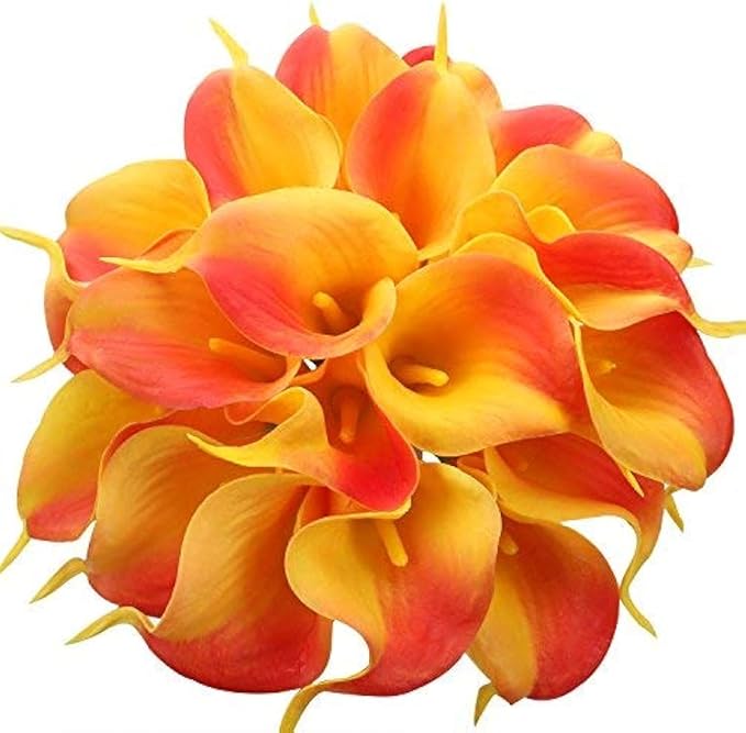 Floral Kingdom 20 Pack Artificial Calla Lily Flowers 14 Inch Yellow-Orange – Real Touch Faux Flowers for Table Centerpieces, Home Decor and Weddings