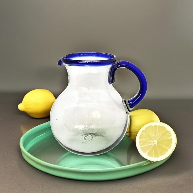 Cobalt Blue Rim 120 oz Large Bola Pitcher, Recycled Glass, Lead-free, Toxin-Free (Pitcher)