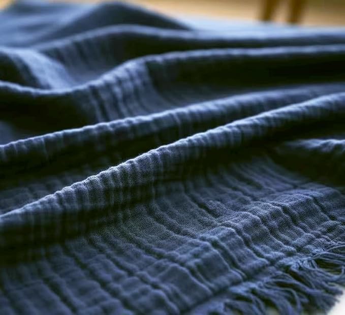 KyraHome 100% Organic Cotton Throw Blankets for Couch, Muslin Blankets for Adults, 60"x80", Plant Dyed Breathable Lightweight Summer Blankets, All Season (Navy Blue)
