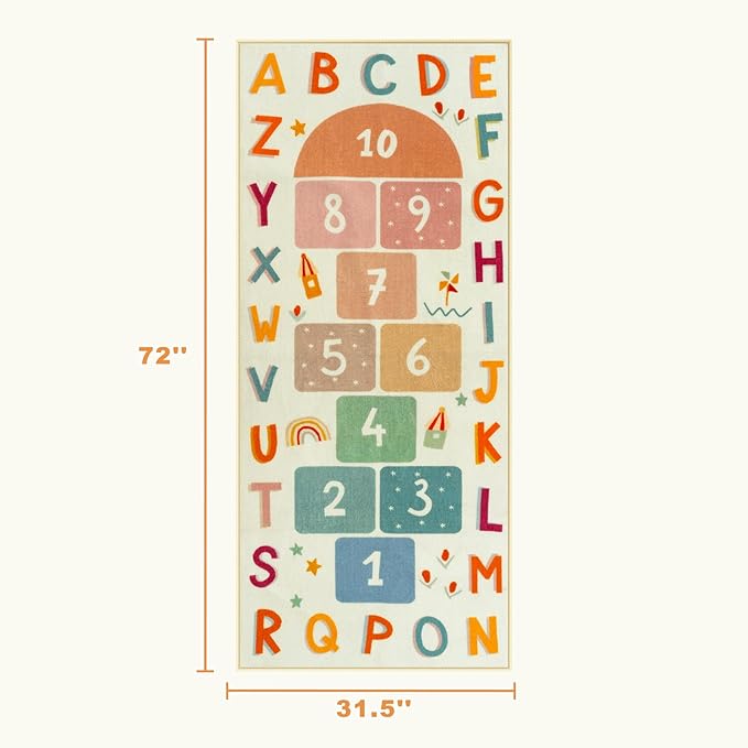 STARUIA Washable Hopscotch Rug for Indoor Playroom, Colorful Educational Kids Rug with ABC Number, Non Slip Boy Girl Play Carpet for Kids Room Bedroom Nursery Daycare Classroom（Beige, 31.5''x72''）