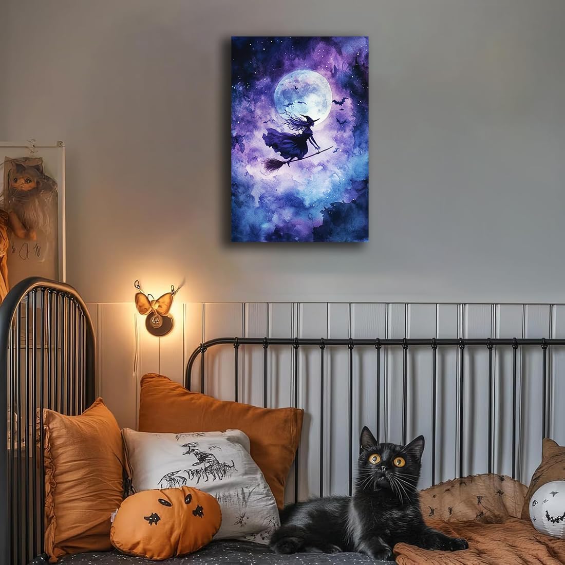 Witch On Broom Flying Wall Art,Gothic Halloween Canvas Wall Art,Victorian Witch Silhouette In Moonlight Broomstick Poster Pictures,Creepy Halloween Purple Night Sky Print,8"x12" Framed