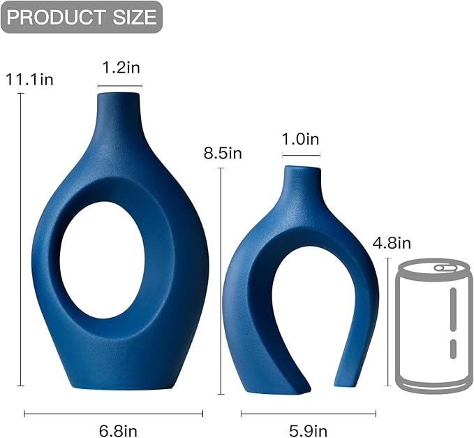 Lvases Snuggle Hollow Ceramic Vase Set of 2, 11Inch Nordic Modern Boho ins Style Decorative Ceramic Aesthetic Flower Vases for Home Decor Living Room Shelf Table Decorative (Matte Navy Blue)