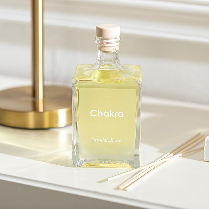 Chakra Reed Diffuser Set - Reed Diffusers for Home, Office and Living Spaces with Long-Lasting Fragrance, Scent Diffuser with Decorative Glass Bottle & Bamboo Sticks, 17 fl oz, Oriental Amber