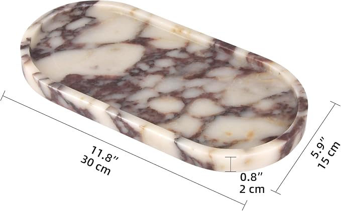 Oval Marble Bathroom Vanity Tray, Natural Luxury Marble Home Kitchen Bathroom Table Tray, Stone Decorative Countertop Tray for Coffee Perfume Jewelry (Calacatta Viola, 12" x 6" x 0.8")
