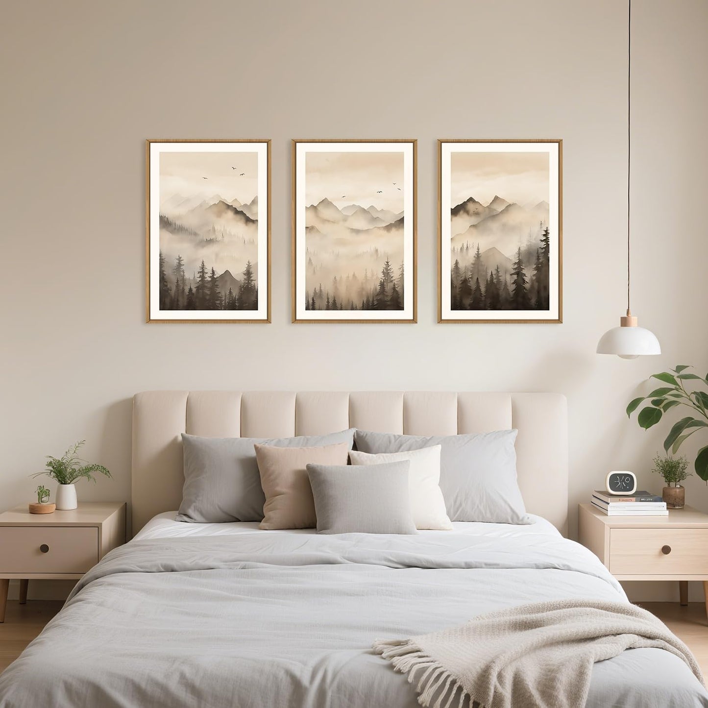 Celestdeco Nature Misty Forest Framed Canvas Wall Art Set, Foggy Landscape Wall Decor, Watercolor Pine Tree Wall Painting, Large Mountains Art Print for Living Room, Bedroom, Office - 24"X36"X3