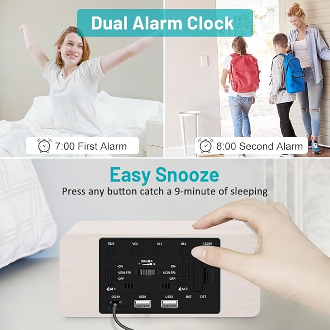 Andoolex Wooden Digital Alarm Clock with Wireless Charging, 0-100% Adjustable Brightness Dimmer and Alarm Volume, Weekday/Weekend Mode, Dual Alarm, Snooze, 12/24H, Wood LED Clock for Bedroom (White)