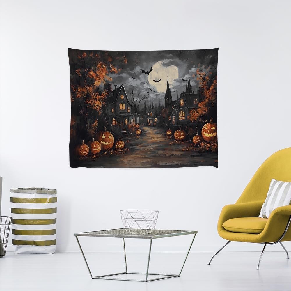 Spooky Halloween Tapestry Haunted Home Bats Pumpkin Tapestry Wall Hanging Dark Academia Fall Full Moon Decor Gothic Ghost Tapestries for bedroom Living Room Decoration 60x80inch