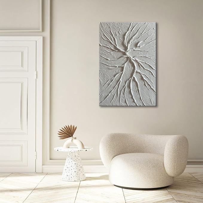 zoinart White Textured Wall Art Pure White Abstract Modern Concrete Canvas Paintings Hand Painted 3D Contemporary Art, Minimalist Wall Art 24x36 inch