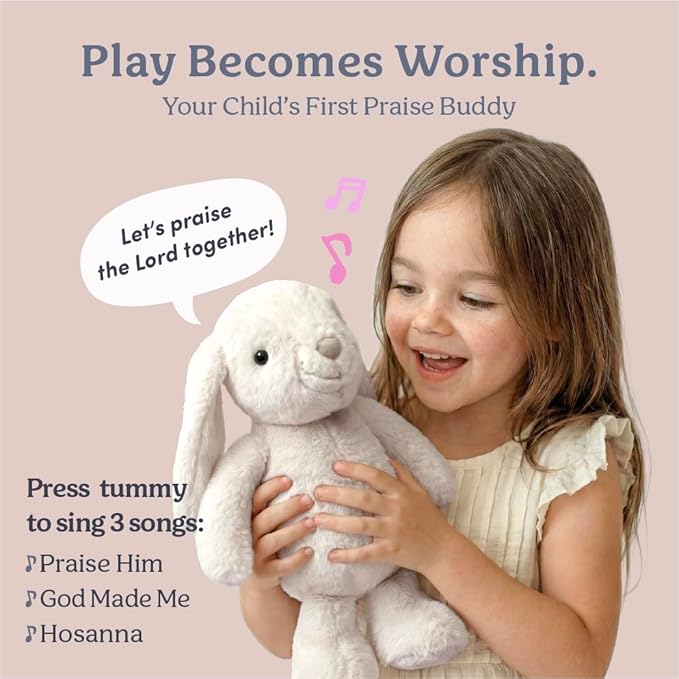Praise Bunny Christian Easter Gift Set for Kids – 11” Singing Plush Toy with 3 Bible Songs, Hardcover Blessing Book, Keepsake Box, Stickers, Easter Basket Stuffers, Christening Gift for Baby, Toddlers