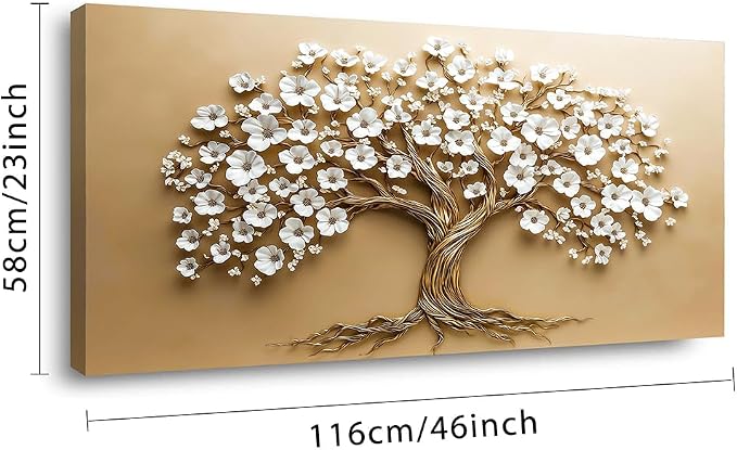 Ggaafet White FLower Tree Wall Art for Living Room Canvas Oil Painting Prints Beautiful Floral Blooming Art Deco Modern Artwork Office Bedroom Family Dining Room Decor Large