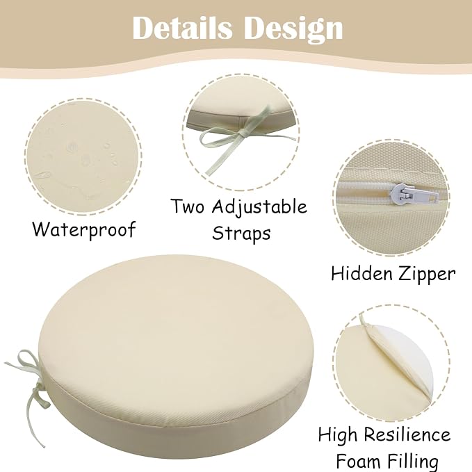 SK Studio Round Outdoor Chair Cushions for Patio Furniture, Set of 2 Waterproof Patio Chair Cushion with Adjustable Ties for Garden Sofa Couch, Navy Blue, 18"x18"x2"