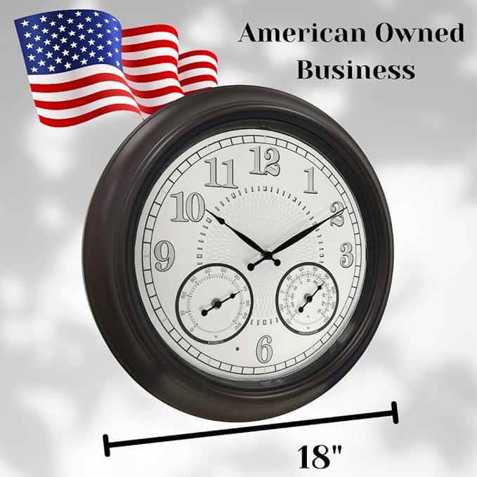 Illuminated Large Outdoor Clock - 18 inch Indoor Outdoor Night Light Wall Clock with Smart LED Sensor, Temperature and Humidity Combo - Weatherproof & Easy to Read for Pool, Patio & Home Decor