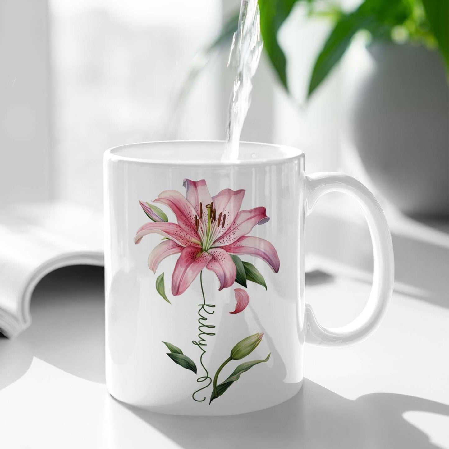 Customized Lily Flower Accent Cup, Novelty Flower Design Mug 11oz 15oz, Personalized Name Lily Lover Ceramic Cup, Custom Flower Decorative Mug, Unique Coffee Cup For Girl