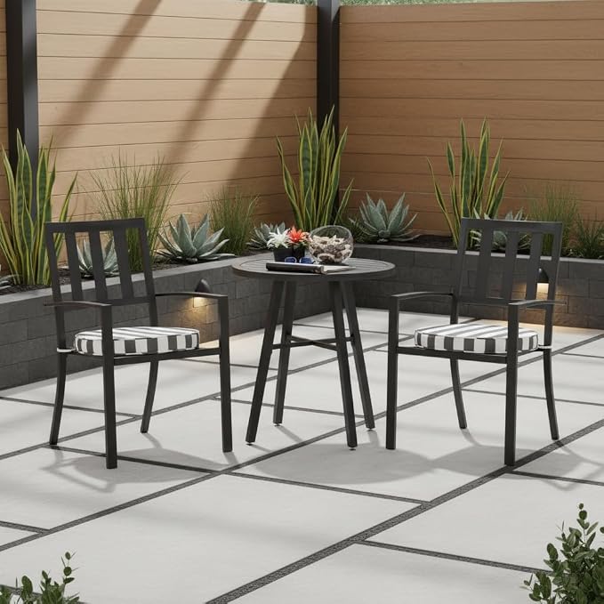 Set of 2 Outdoor 18 inch Round Patio Dining Chair Pads – Comfortable Fiber-Filled Seat Cushions with Ties, Reversible Polyester Fabric, Canopy Stripe Gray
