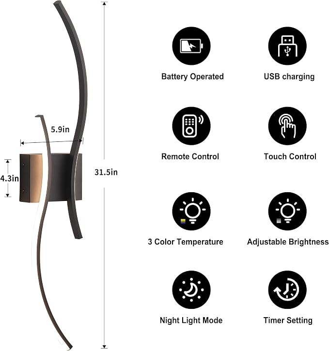 Battery Operated Wall Sconces Set of Two with Remote Control, Battery Wall Light, Stepless Colors 3000K-6000K & Dimming, Black Rechargeable Wall Sconces for Living Room, Hallway, Bedroom, 31.5 Inch