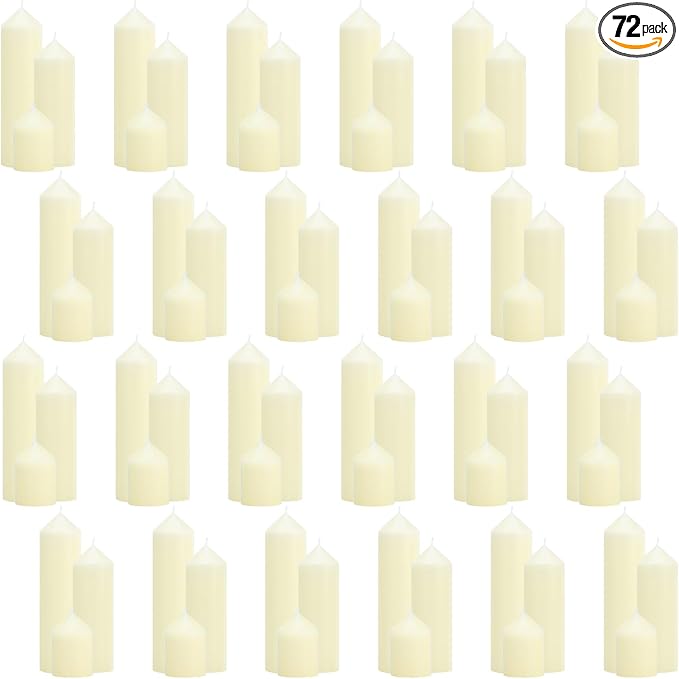 72 Pcs Ivory Pillar Candles Bulk Set，3 Different Lengths 2 x 3/6/8 Inch (24 Each)，Hurricane Candles，Dripless Unscented Smokeless，Gives You a Better Atmosphere When Organizing an Event Party.