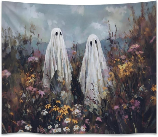Halloween Ghosts in Wildflowers Tapestry Wall Hanging Spooky Cute Ghost Floral Tapestries Victoria Moody Artwork Aesthetic Print for Goth Living Room Bedroom wall Decor 50x60inch