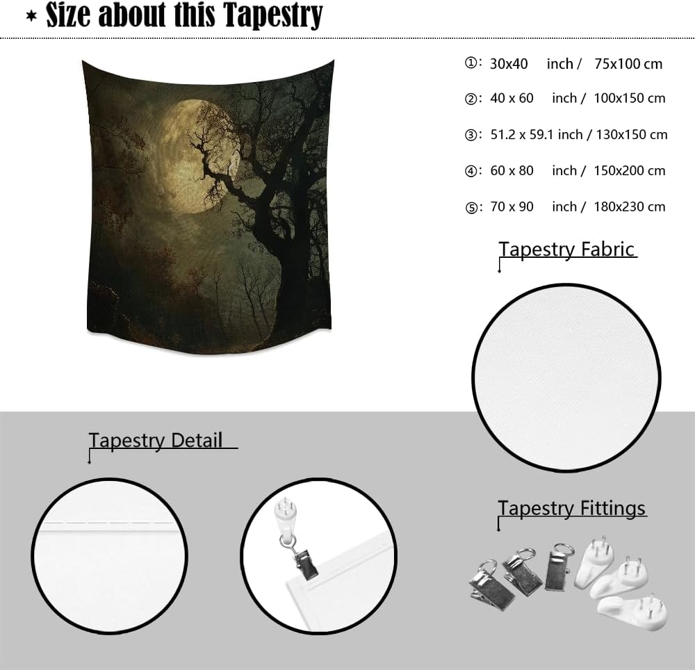 Moon Tapestry Halloween wall Decor Vintage Dark Academia Bedroom Tapestries Retro Art Aesthetic Wall Tapestry for Bedroom Dorm Living Room white