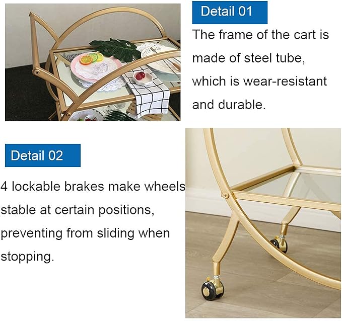 Bar Cart with 2 Mirrored Shelves, Modern Metal Bar Serving Cart, Gold Round Bar Carts for The Home/Kitchen/Club/Living Room, Rolling Wheeled Design (28.34''14.96''30.7'')