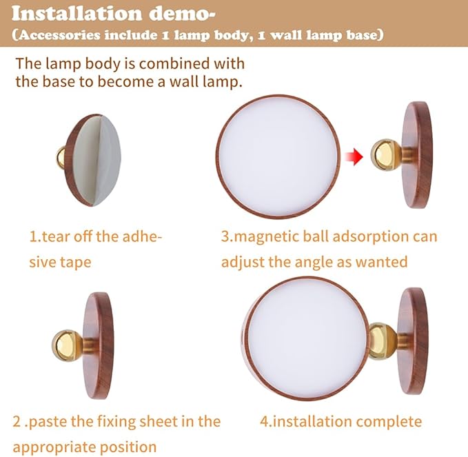LANDGOO Wood Wall Sconce, Sapele Wood Magnetic 360° Rotatable Cordless Bedside Lamp Set, Rechargeable & Dimmable LED Lights with Touch Control, Wireless Wall Mount for Bedroom