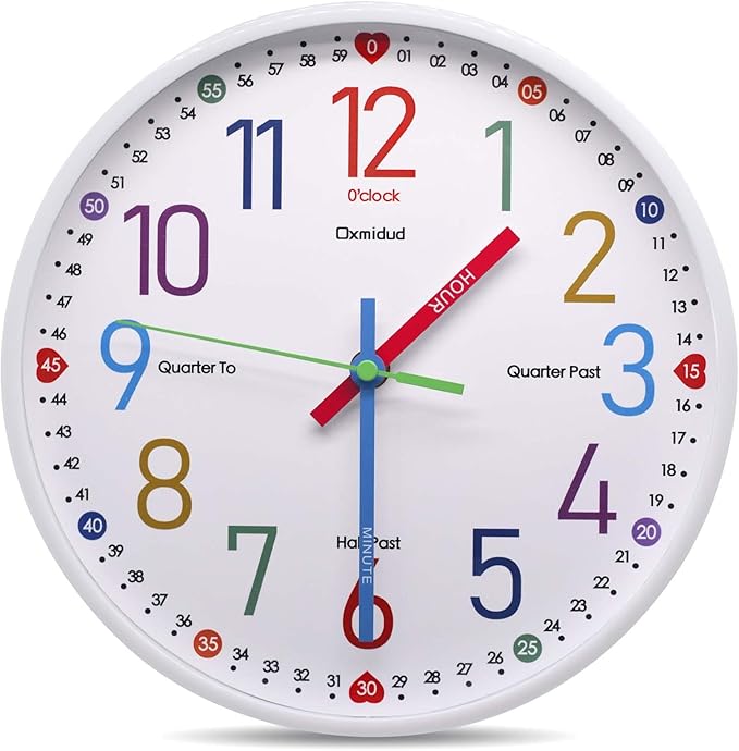 Learning Clock for Kids,10'' Silent Non-Ticking Teaching to Tell Time Colorful Wall Clocks for Children's Room Bedroom Classroom Home Decor, Gifts for Christmas Birthday (White)