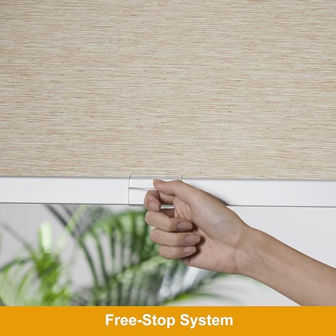 Persilux Free-Stop Cordless Roller Shades Light Filtering Roller Window Shades for Home (Khaki 34"W x 64"H) Natural Woven Fabric UV Protection Thermal Insulation Roller Blinds for Windows, Home, Door