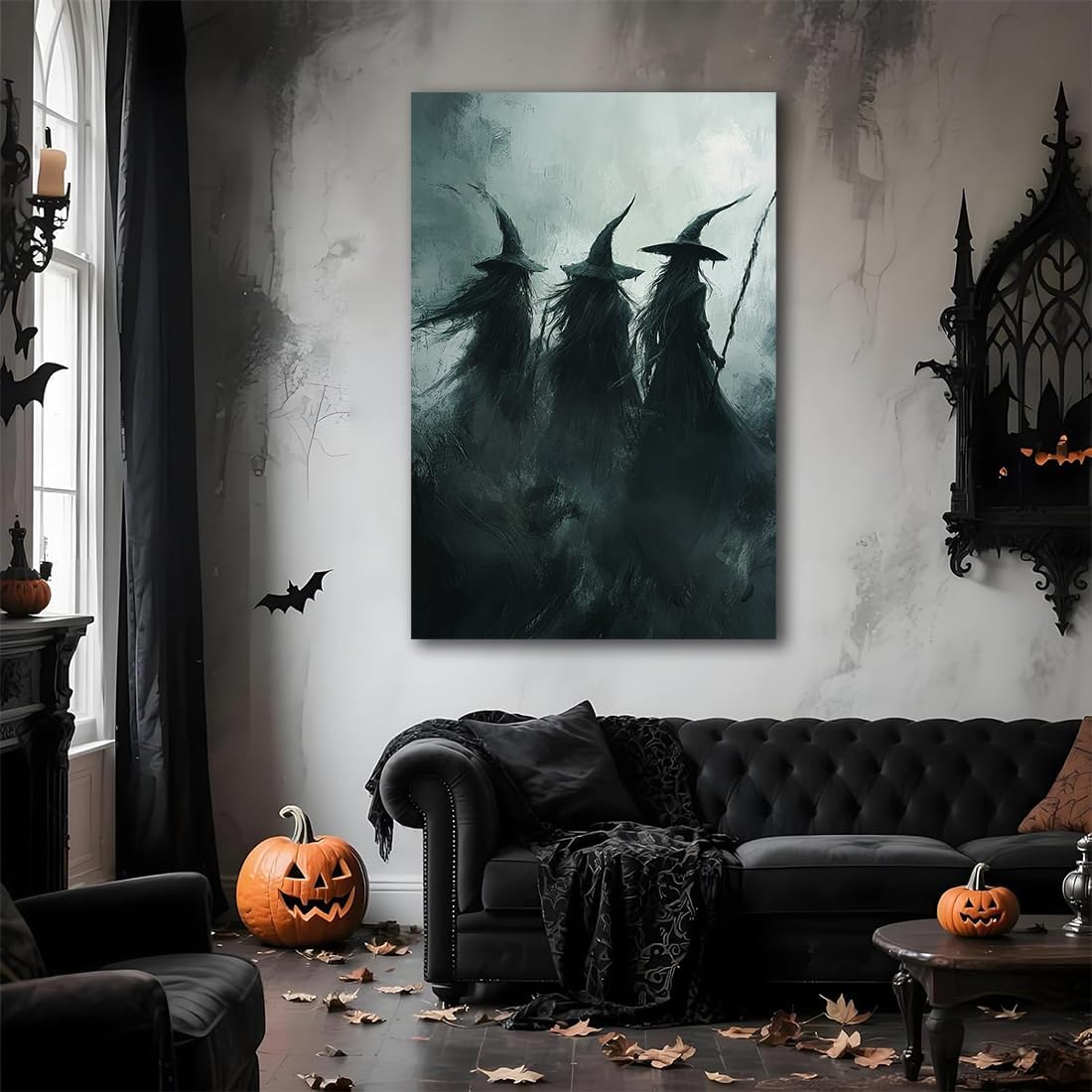 Gothic Witchs Horror Halloween Wall Art,Three Witches in Moody Forest Painting Wall Decor,Autumn Spooky Witches Forest Canvas Printing For Gallery Living Room Bedroom,12"x18" Framed