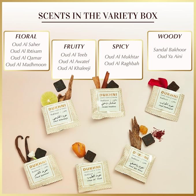 Oud Bakhoor Variety Box by Dukhni | Assorted Box | 30 Pieces Bakhoor | Gift Set & Refill Kit | Arabic Incense | Islamic Gifts, Eid & Ramadan Gift | Luxurious, Long Lasting