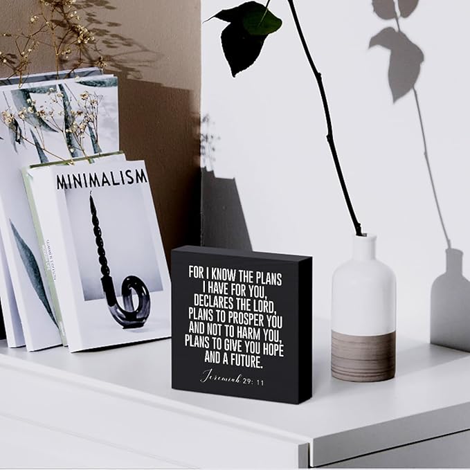 Christian Decor Wood Sign Desk Decor Rustic Motivational Bible Verse Jeremiah 29:11 Black Wooden Box Sign for Home Office Living Room Church Kitchen Bedroom Table Shelf Religious Gifts