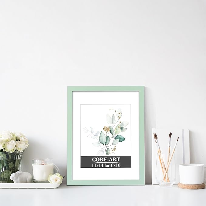 CORE ART 11x14 Picture Frame, Green Picture Frames 8x10 with Mat or 11 x 14 without Mat for Wall or Tabletop Display, Photo Frame Set of 4