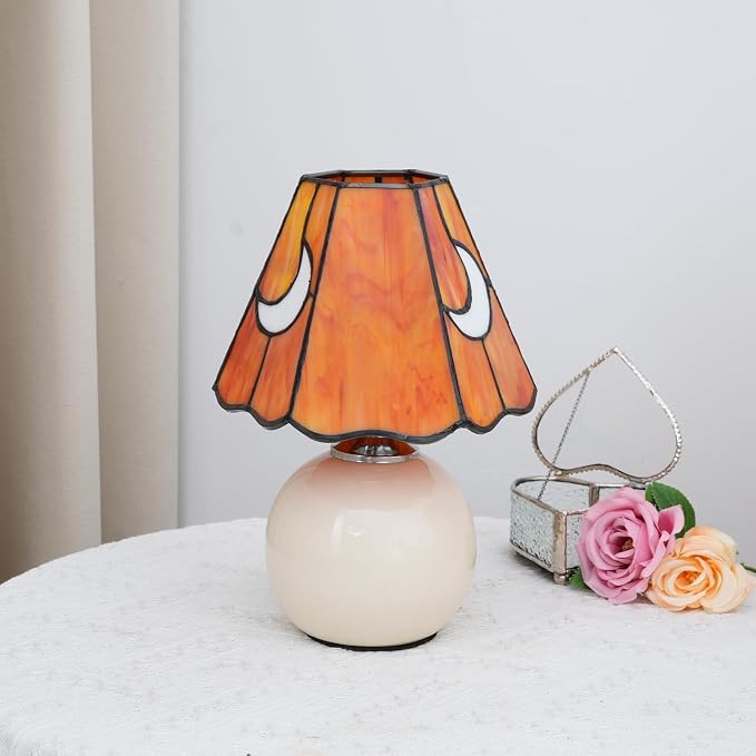 Tiffany Style Moon Mushroom Stained Glass Table Lamp Orange Small Table Lamp Bedroom Bedside lamp Living Room Dining Room Office Decoration Desk lamp Home Decoration Creative Gift
